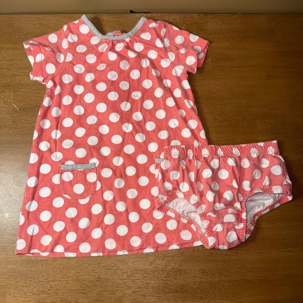Baby Boden Coral Pink White Polka Dot Dress and Diaper Cover Set 12-18M